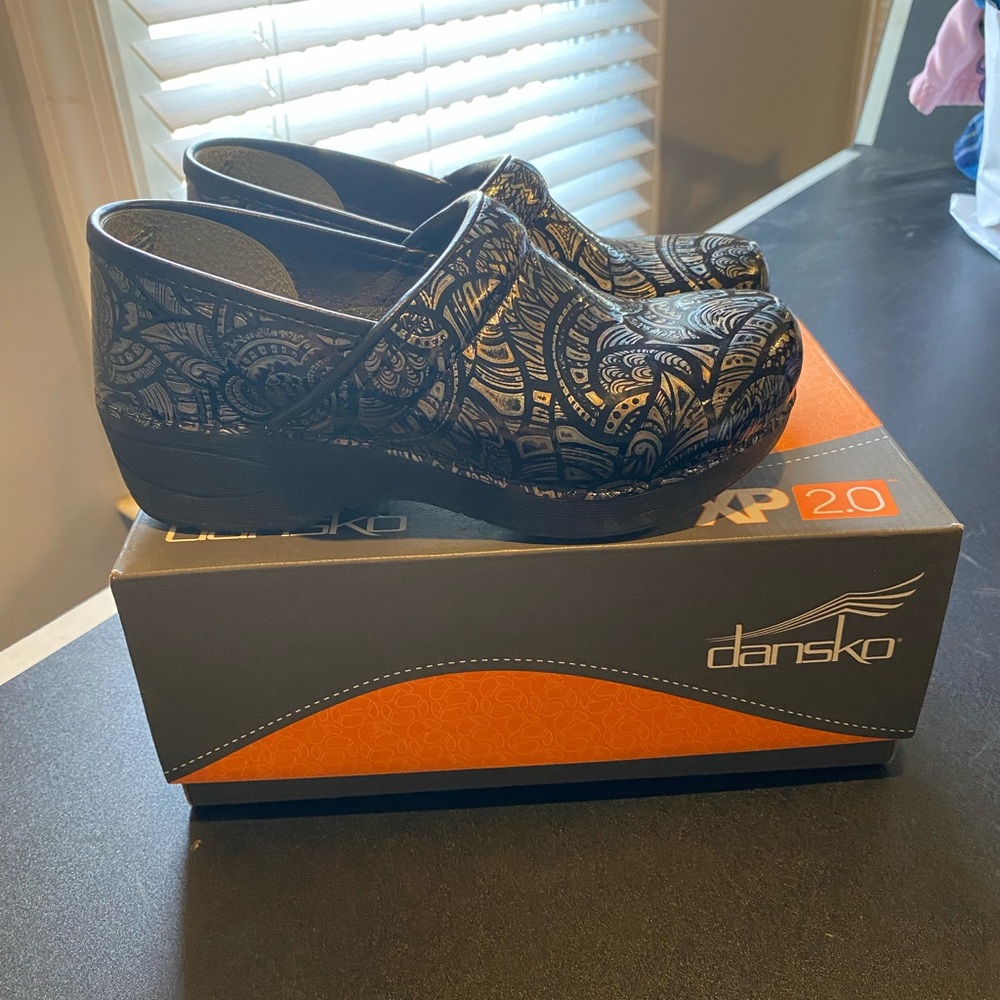 Dansko Black and Silver Paisley Clogs